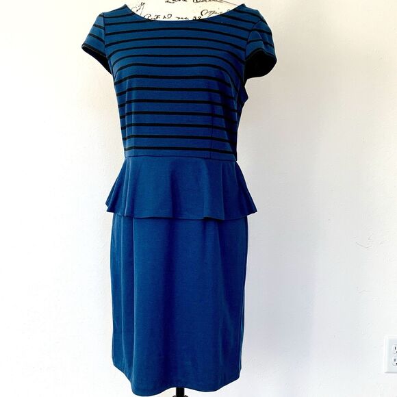 Elle Womens Medium Dress Peplum Cap Sleeve Blue Black Striped Midi Stretch - Picture 1 of 4